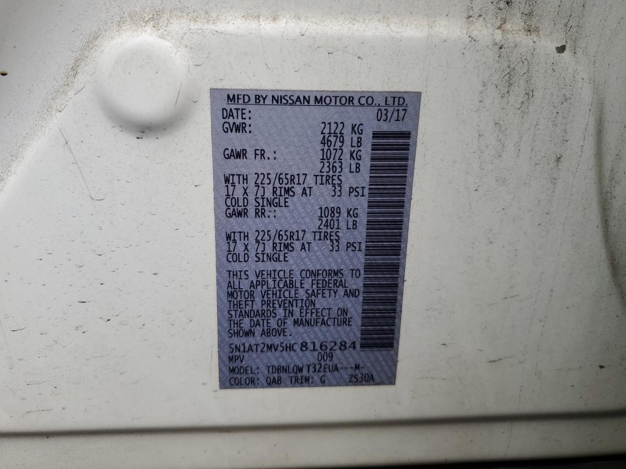 2017 Nissan Rogue VIN 5N1AT2MV5HC816284 Copart auction photo, rear end / front end damage thumbnail 14