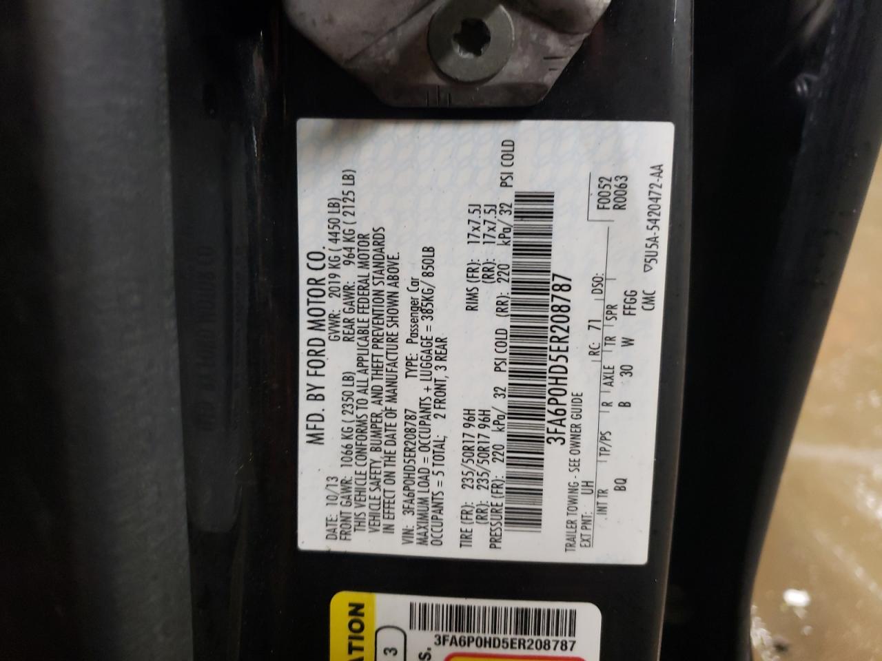2014 Ford Fusion VIN 3FA6P0HD5ER208787 Copart auction photo, rear end damage thumbnail 12