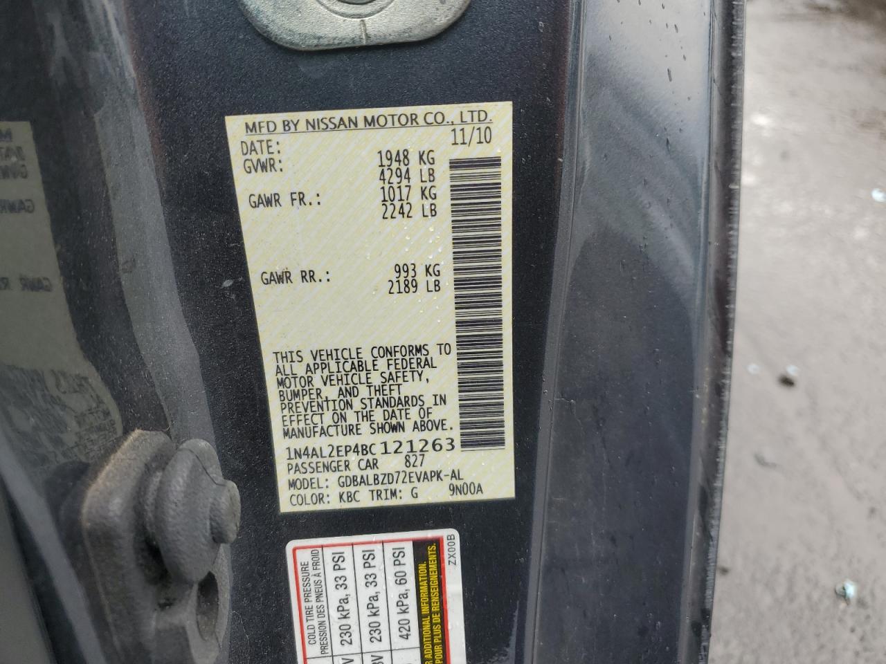 2011 Nissan Altima VIN 1N4AL2EP4BC121263 Copart auction photo, front end damage thumbnail 13