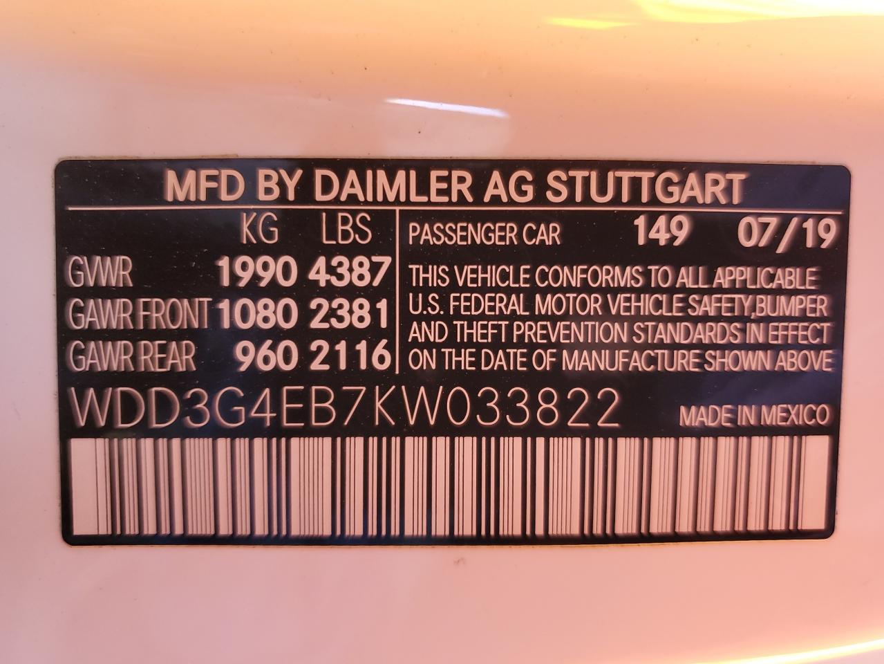 2019 Mercedes-Benz A-klasse VIN WDD3G4EB7KW033822 Copart auction photo, side damage thumbnail 12