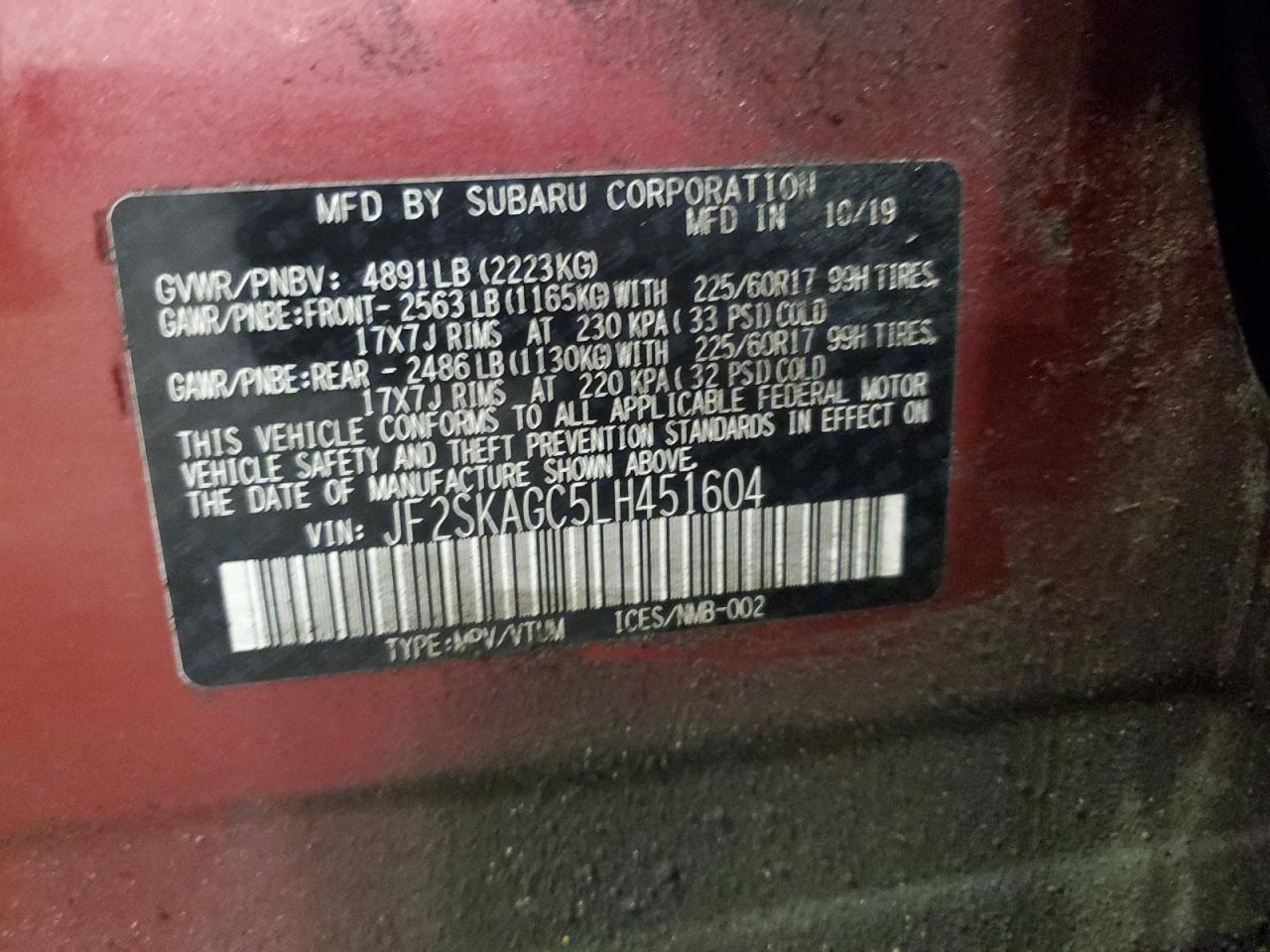 2020 Subaru Forester VIN JF2SKAGC5LH451604 Copart auction photo, front end / minor dent/scratches damage thumbnail 14