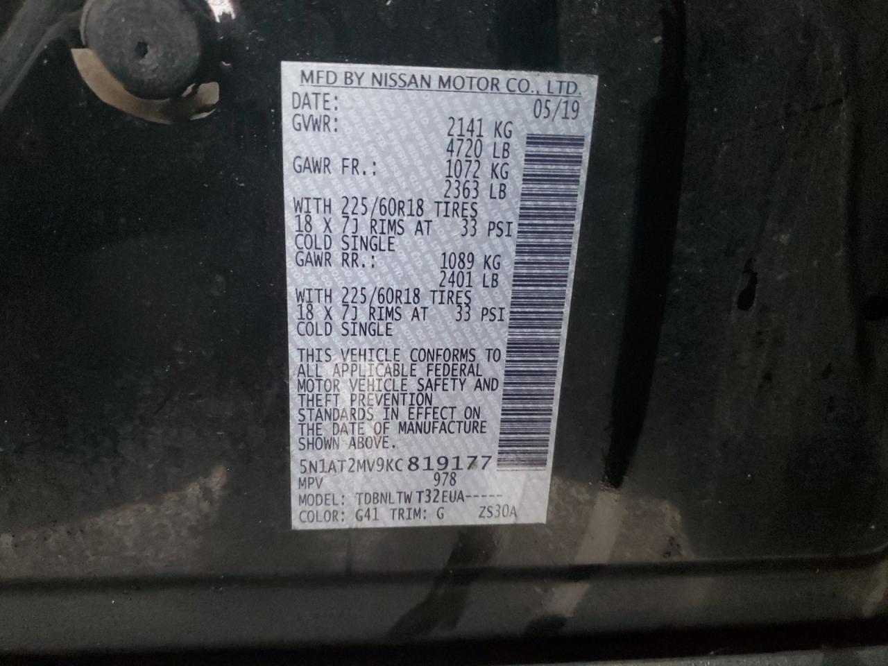 2019 Nissan Rogue VIN 5N1AT2MV9KC819177 Copart auction photo, rear end damage thumbnail 15