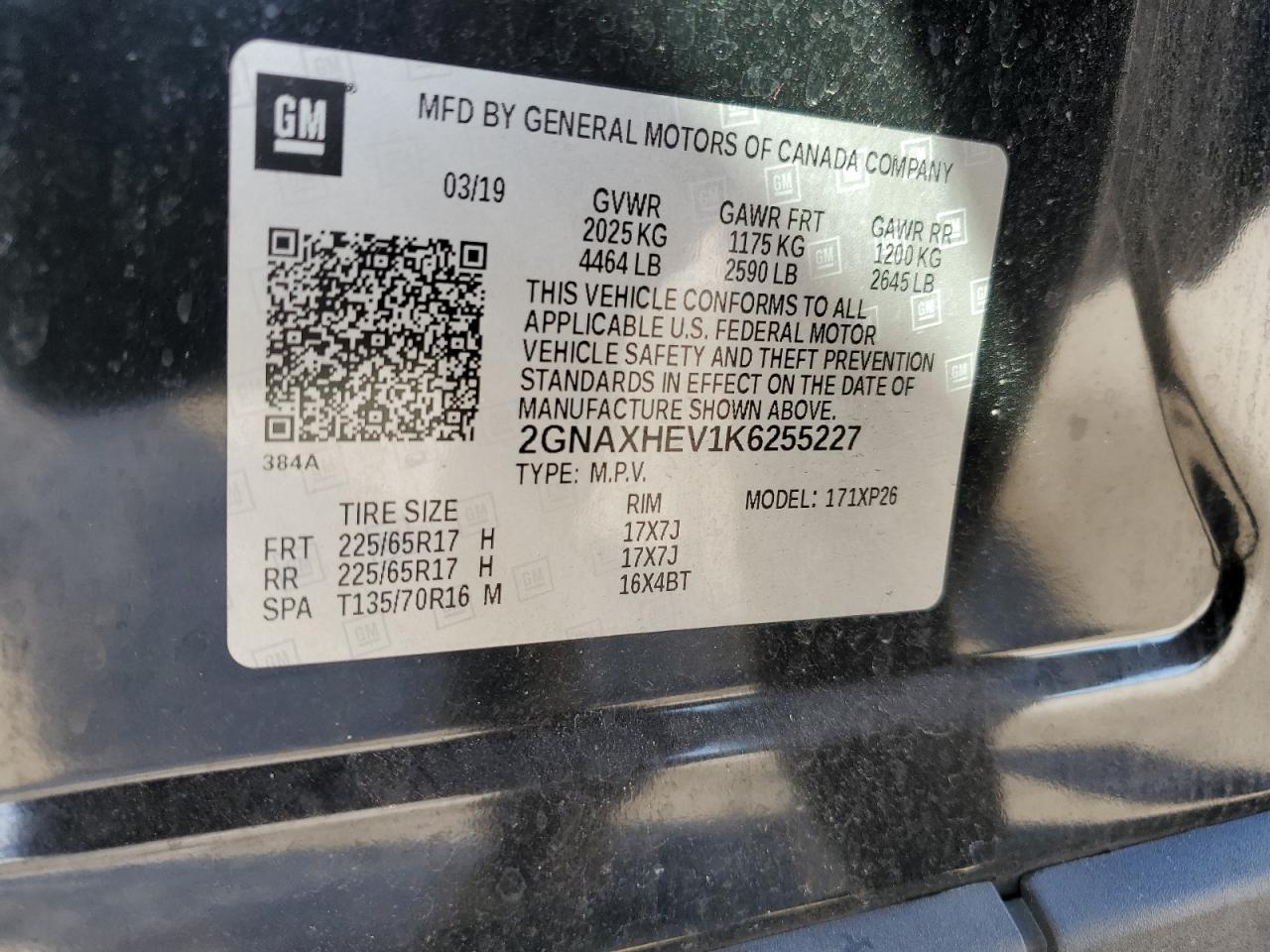 2019 Chevrolet Equinox VIN 2GNAXHEV1K6255227 Copart auction photo, front end damage thumbnail 13