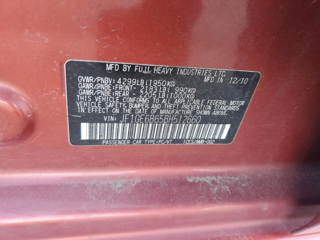 2011 Subaru Impreza VIN JF1GE6B65BH512660 Copart auction photo, all over damage thumbnail 12