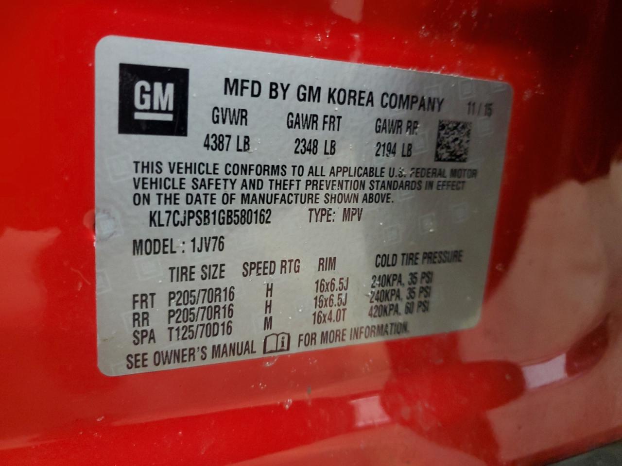 2016 Chevrolet Trax VIN KL7CJPSB1GB580162 Copart auction photo, front end damage thumbnail 13