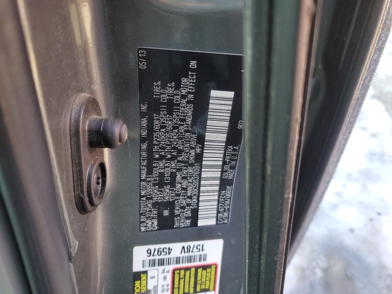 2013 Toyota Sienna VIN 5TDKK3DC5DS376091 Copart auction photo, rear end / side damage thumbnail 13