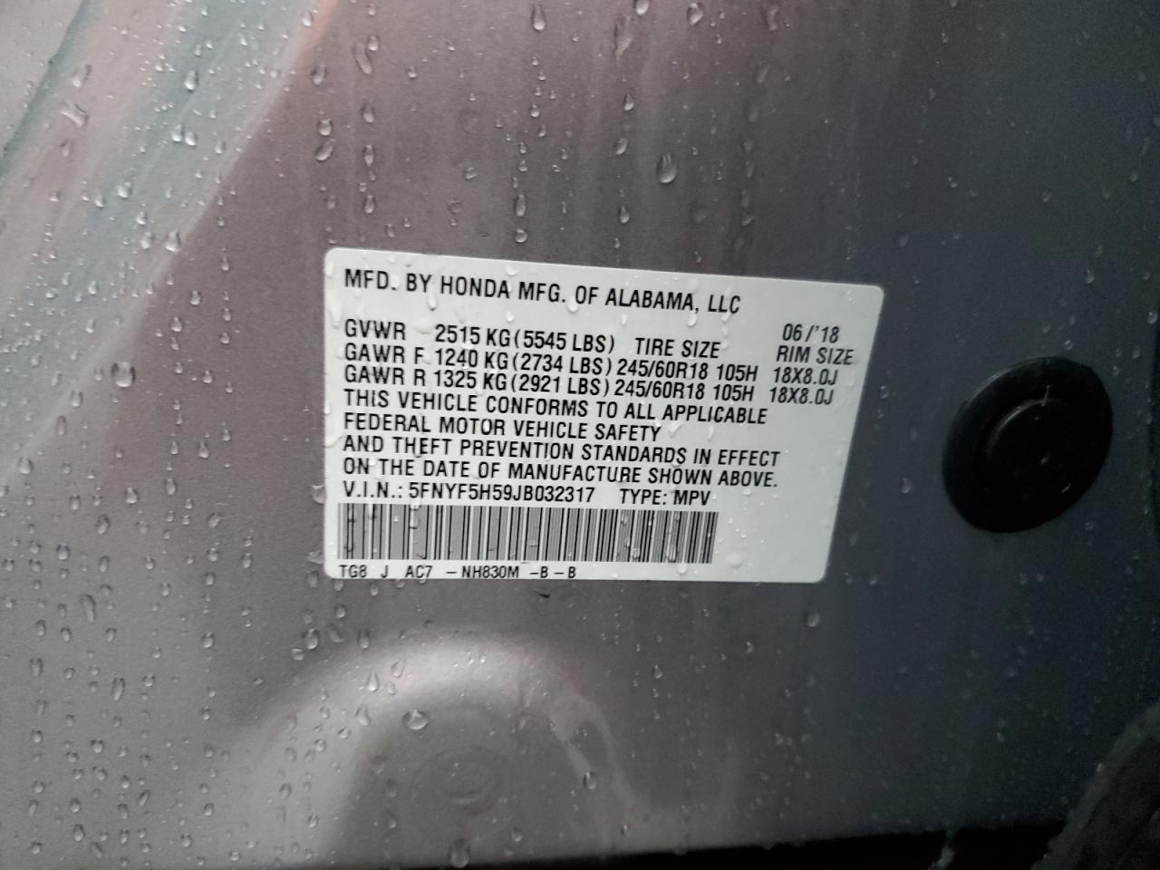 2018 Honda Pilot VIN 5FNYF5H59JB032317 Copart auction photo, vandalism damage thumbnail 15