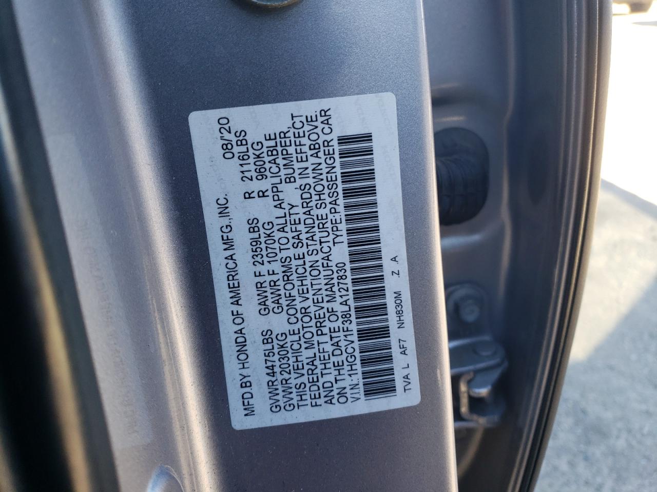 2020 Honda Accord VIN 1HGCV1F38LA127830 Copart auction photo, rear end / minor dent/scratches damage thumbnail 14