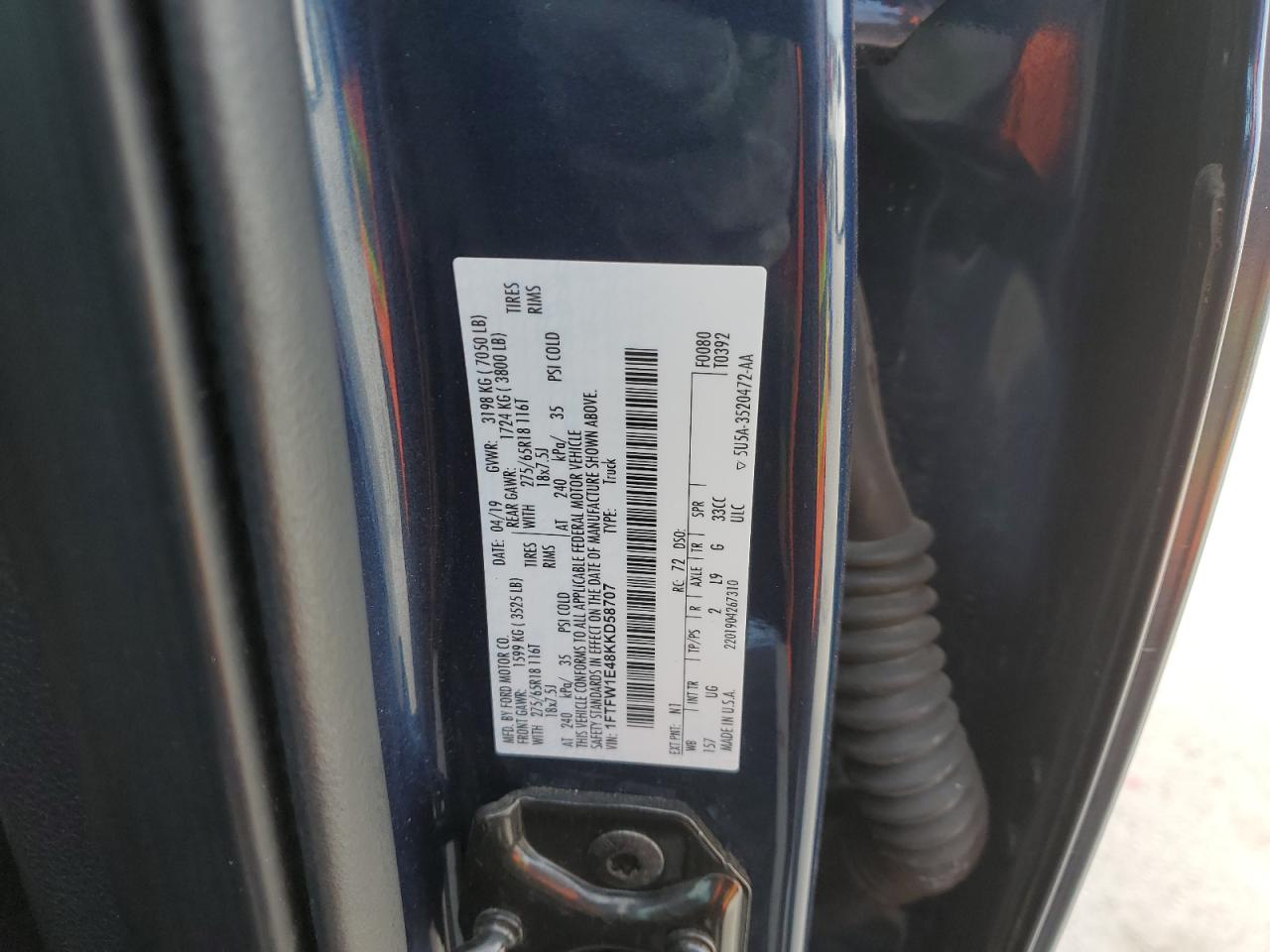 2019 Ford F-150 VIN 1FTFW1E48KKD58707 Copart auction photo, rear end damage thumbnail 14