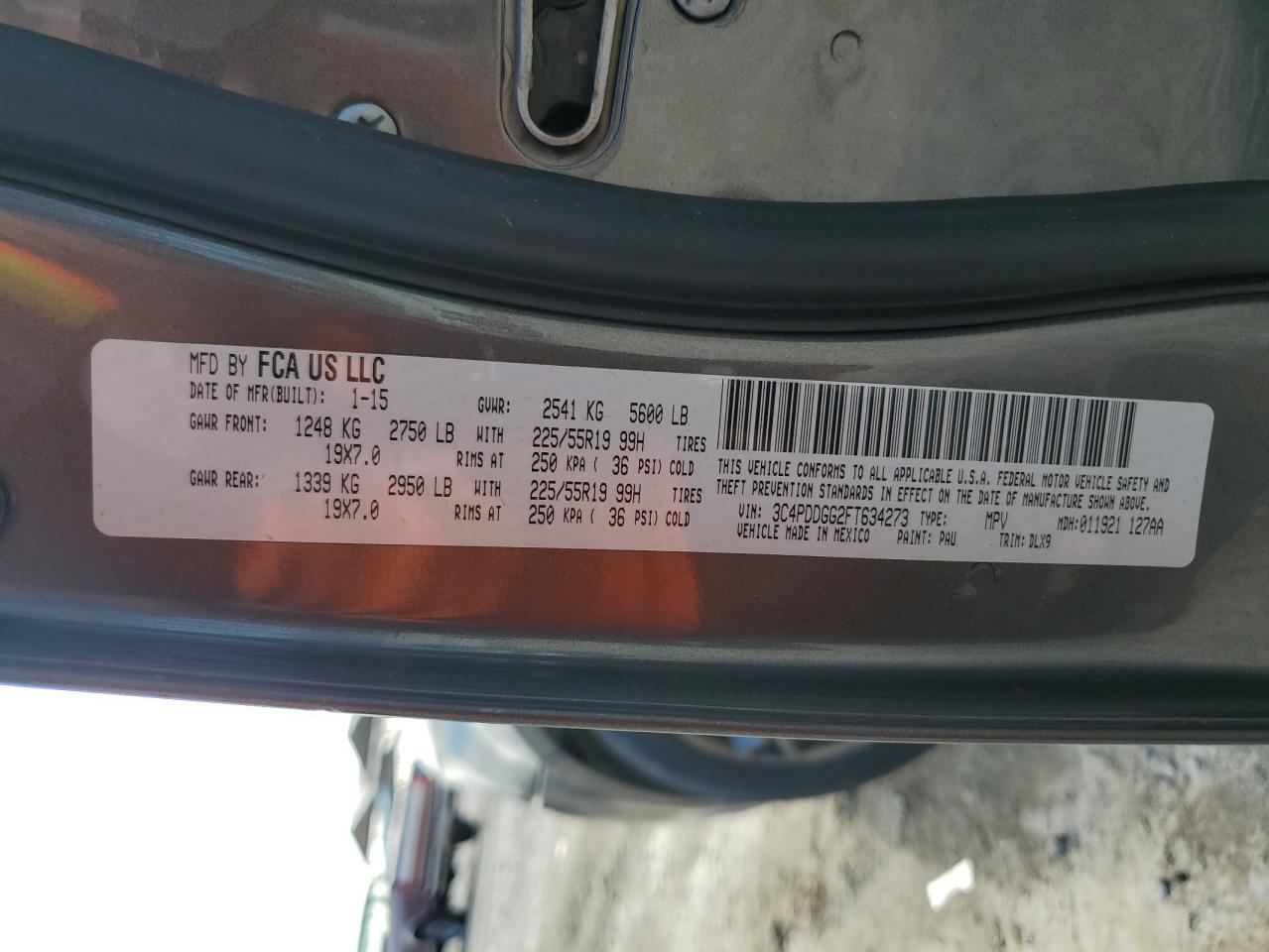 2015 Dodge Journey VIN 3C4PDDGG2FT634273 Copart auction photo, front end damage thumbnail 13