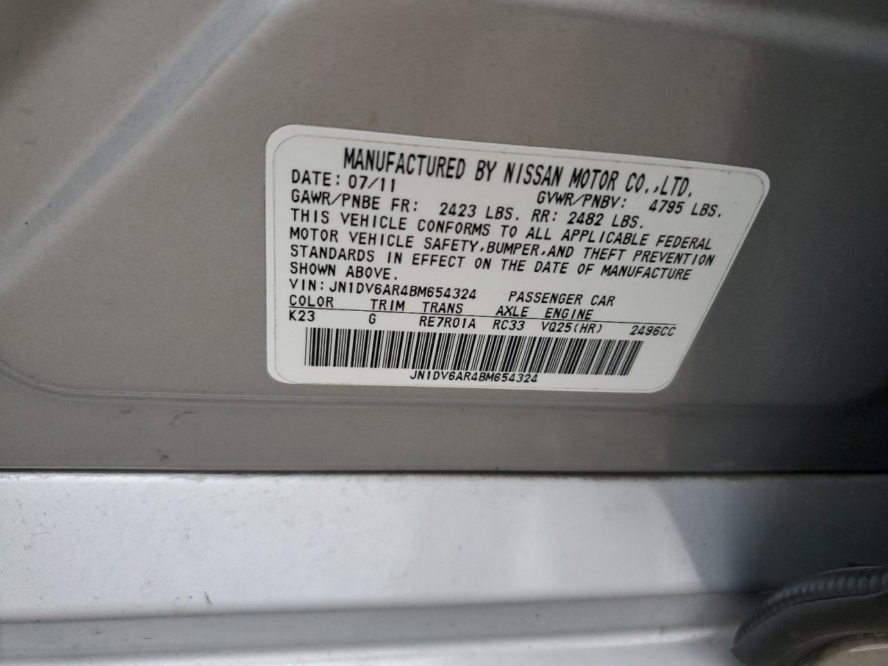 2011 Infiniti G VIN JN1DV6AR4BM654324 Copart auction photo, rear end damage thumbnail 14