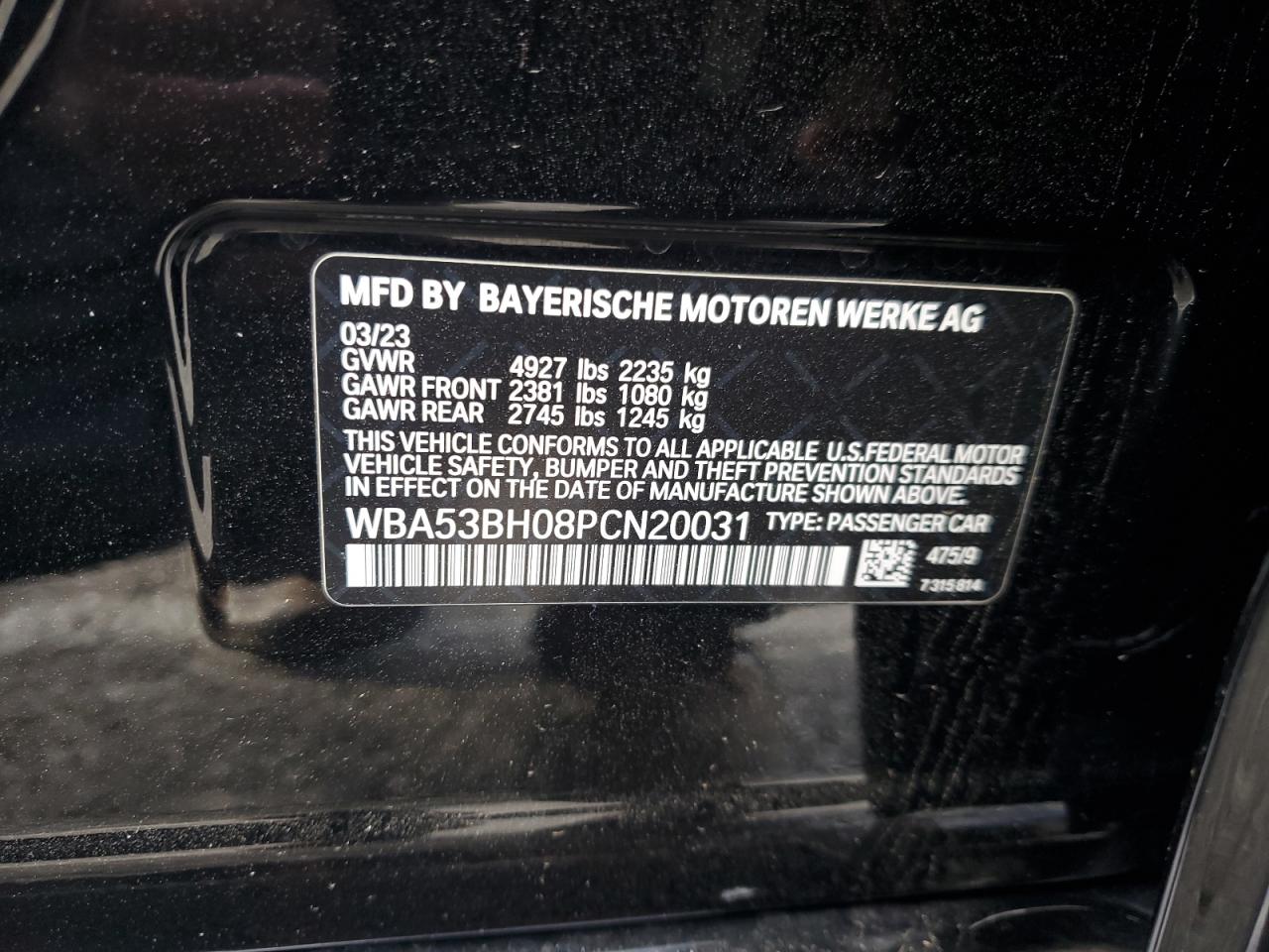 2023 BMW 5er VIN WBA53BH08PCN20031 Copart auction photo, rear end / minor dent/scratches damage thumbnail 14