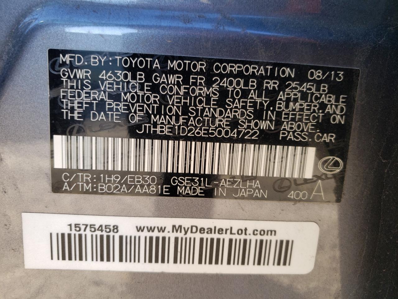 2014 Lexus IS VIN JTHBE1D26E5004722 Copart auction photo, front end / side damage thumbnail 14