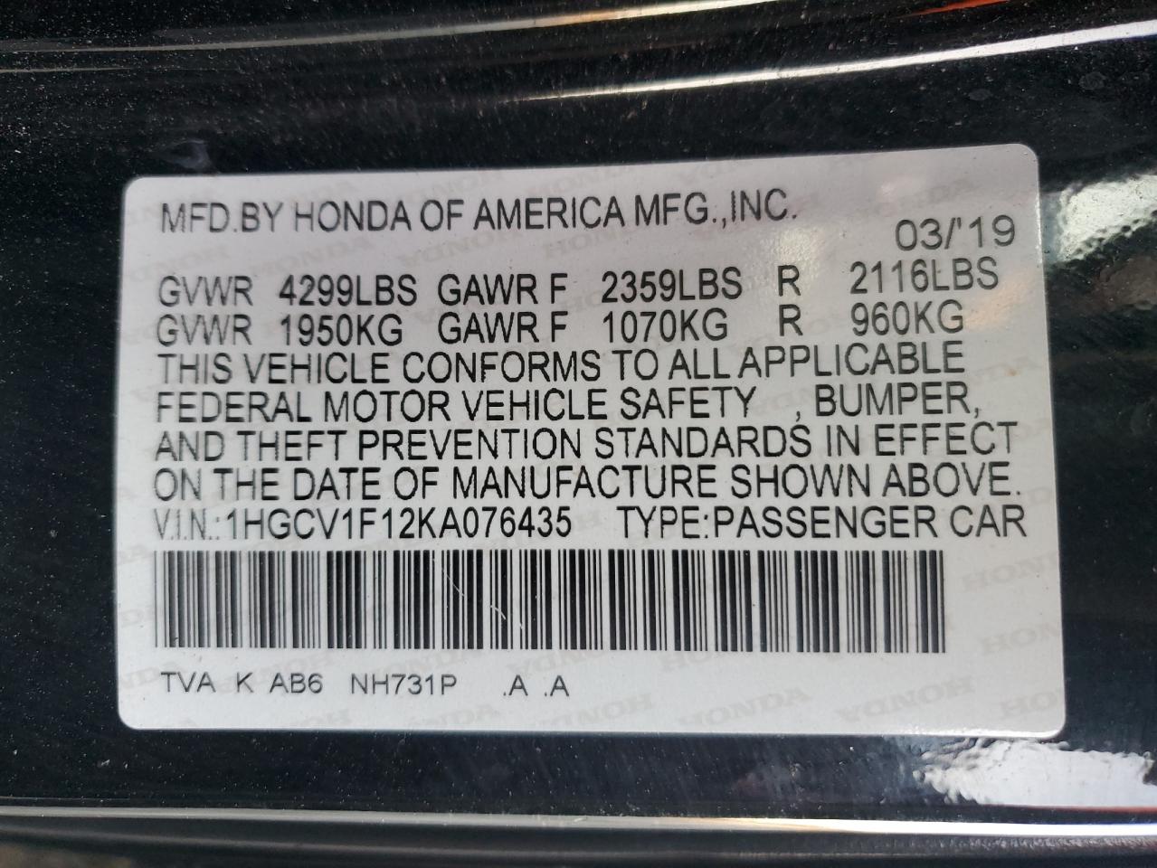 2019 Honda Accord VIN 1HGCV1F12KA076435 Copart auction photo, front end / minor dent/scratches damage thumbnail 14