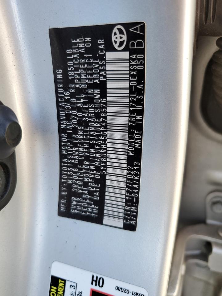 2016 Toyota Corolla VIN 5YFBURHE5GP478576 Copart auction photo, all over / undercarriage damage thumbnail 12
