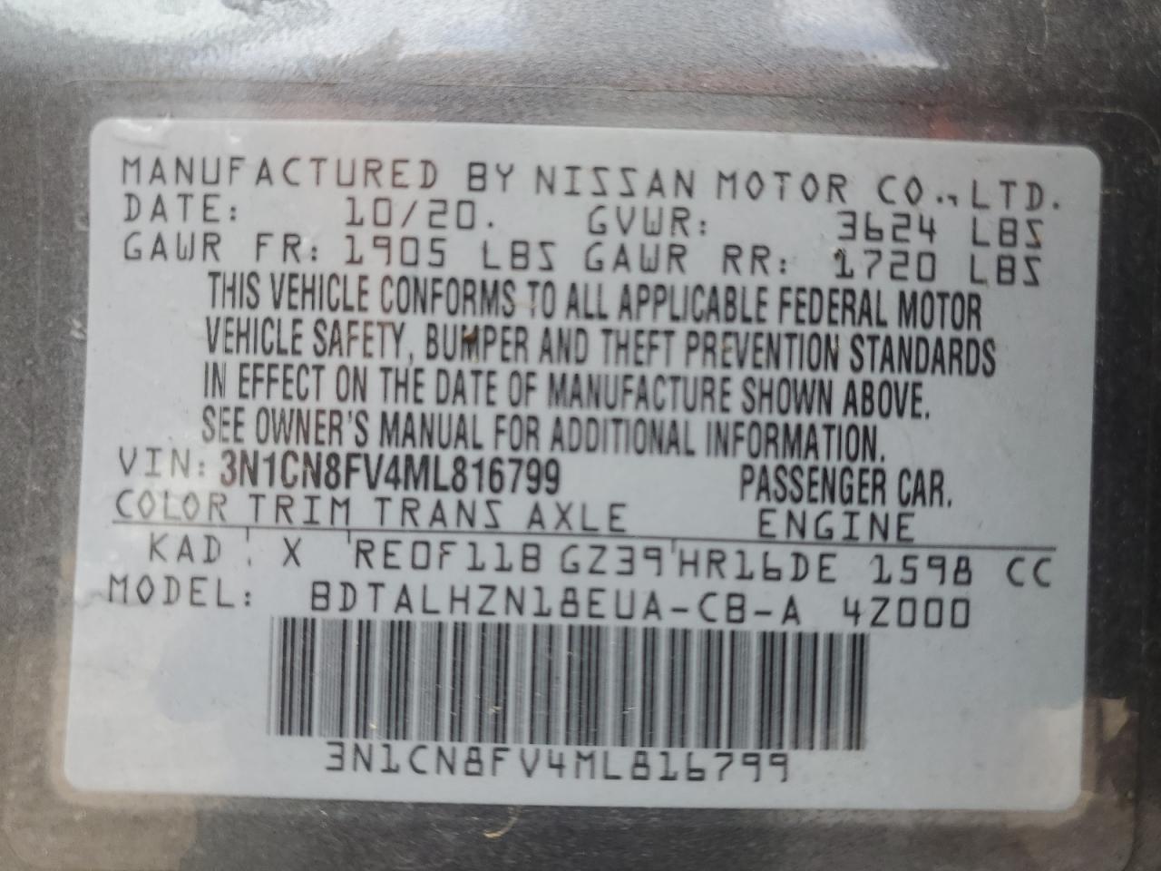 2021 Nissan Versa VIN 3N1CN8FV4ML816799 Copart auction photo, side damage thumbnail 12