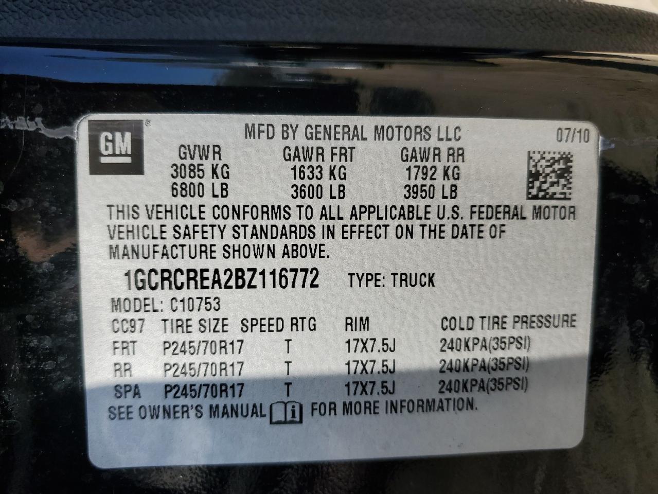 2011 Chevrolet Silverado VIN 1GCRCREA2BZ116772 Copart auction photo, rear end / front end damage thumbnail 12