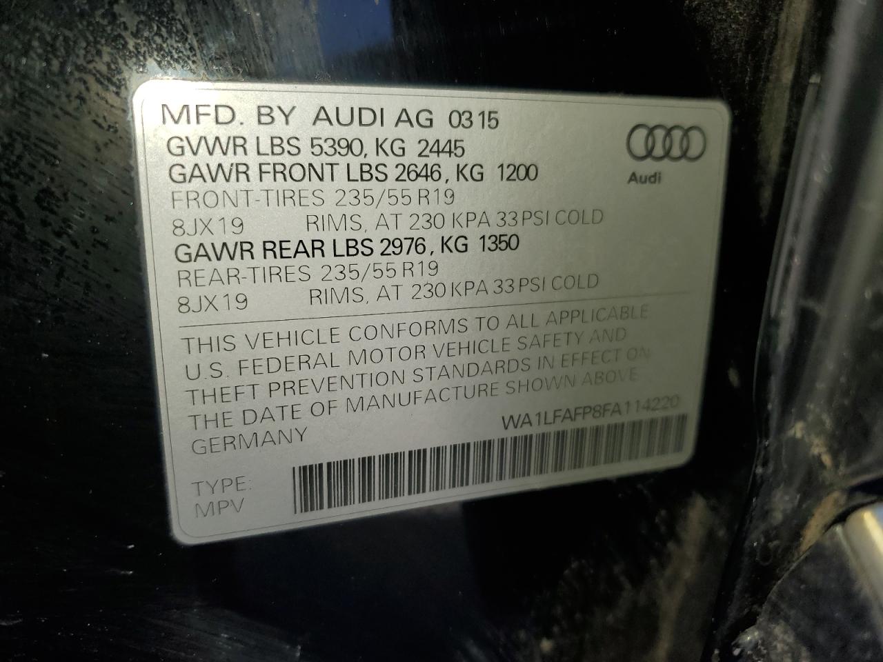 2015 Audi Q5 VIN WA1LFAFP8FA114220 Copart auction photo, front end damage thumbnail 13