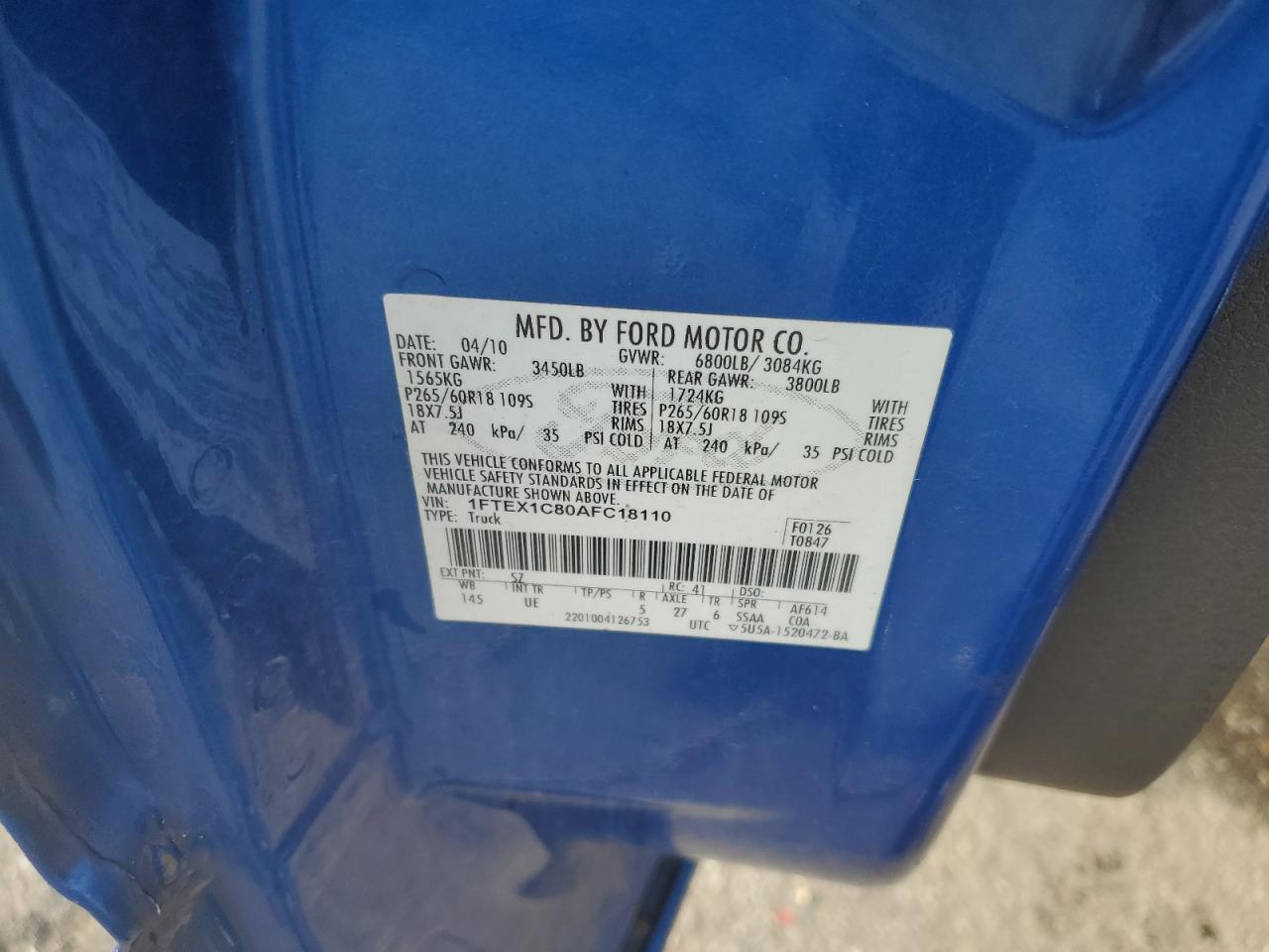 2010 Ford F-150 VIN 1FTEX1C80AFC18110 Copart auction photo, side damage thumbnail 12