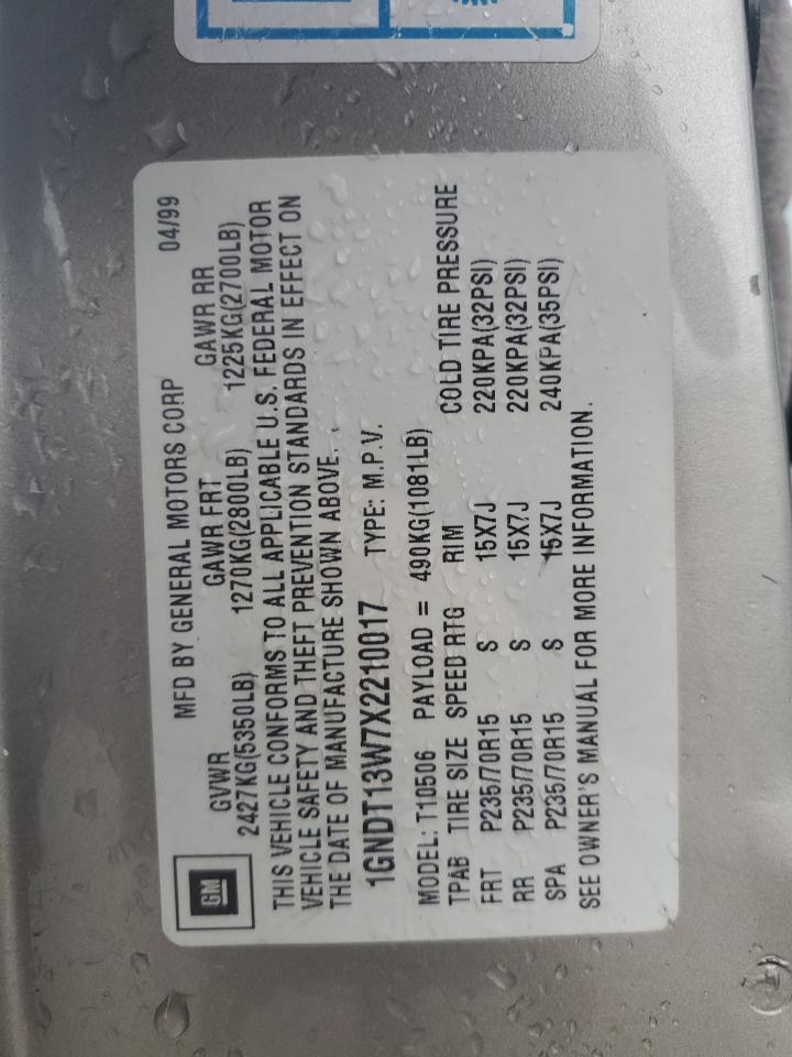 1999 Chevrolet Blazer VIN 1GNDT13W7X2210017 Copart auction photo, rear end damage thumbnail 13