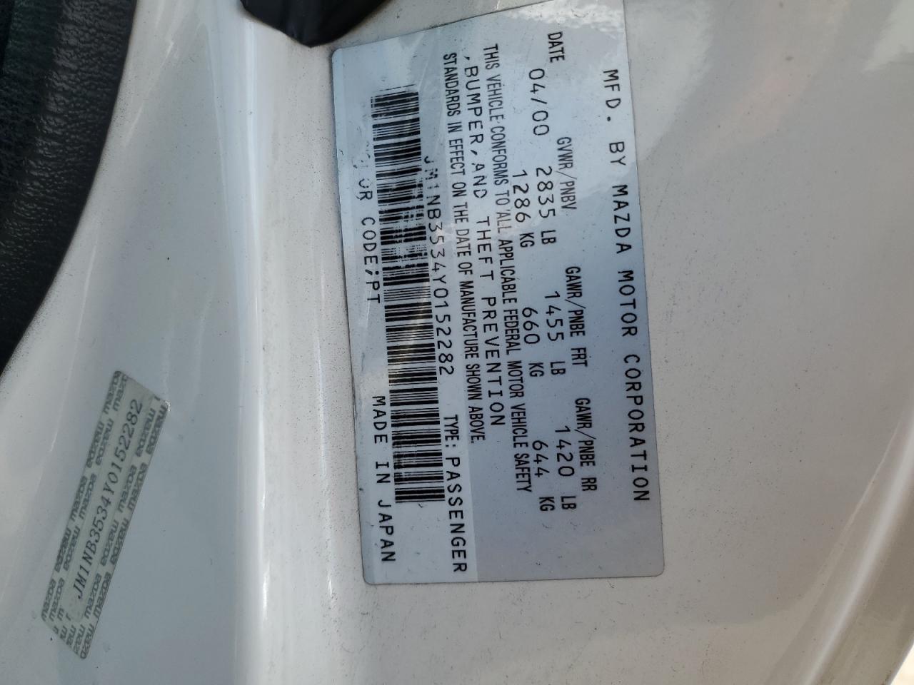 2000 Mazda MX-5 VIN JM1NB3534Y0152282 Copart auction photo, water/flood damage thumbnail 13
