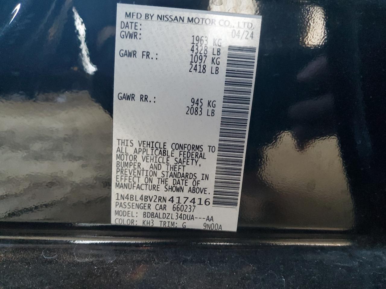 2024 Nissan Altima VIN 1N4BL4BV2RN417416 Copart auction photo, front end / rear end damage thumbnail 12