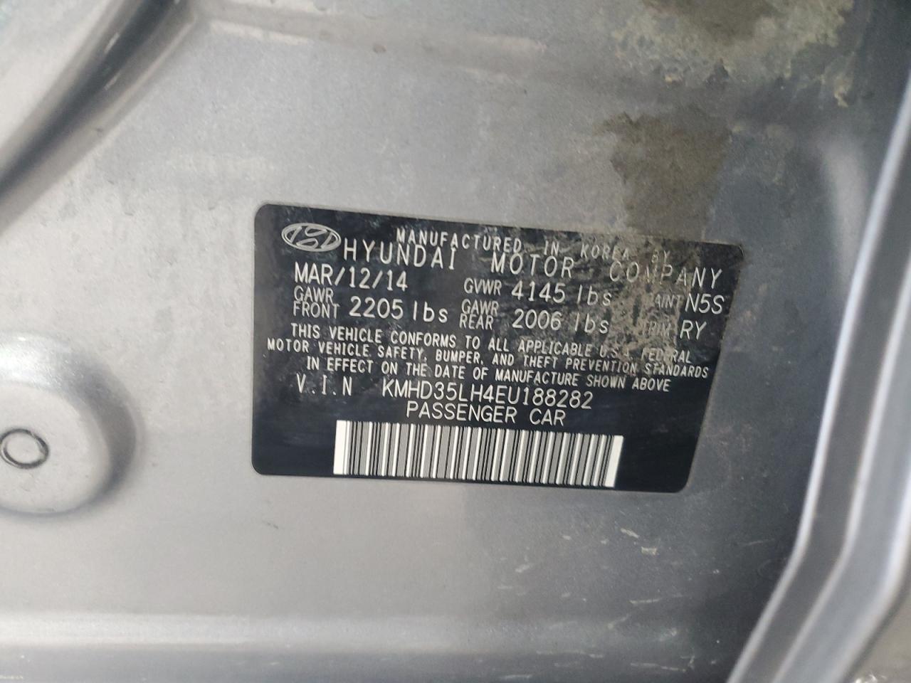 2014 Hyundai Elantra VIN KMHD35LH4EU188282 Copart auction photo, side damage thumbnail 12
