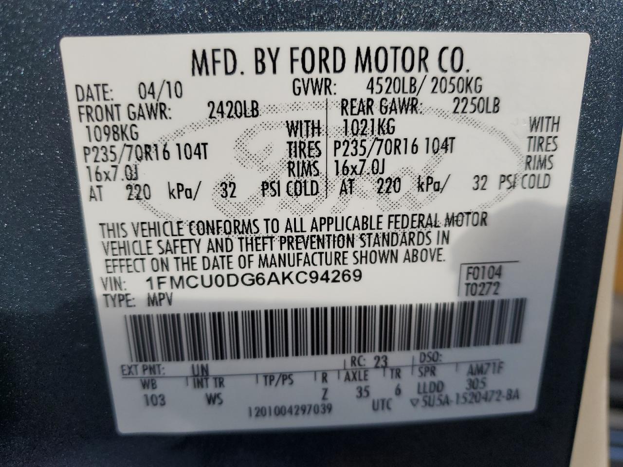 2010 Ford Escape VIN 1FMCU0DG6AKC94269 Copart auction photo, front end damage thumbnail 14