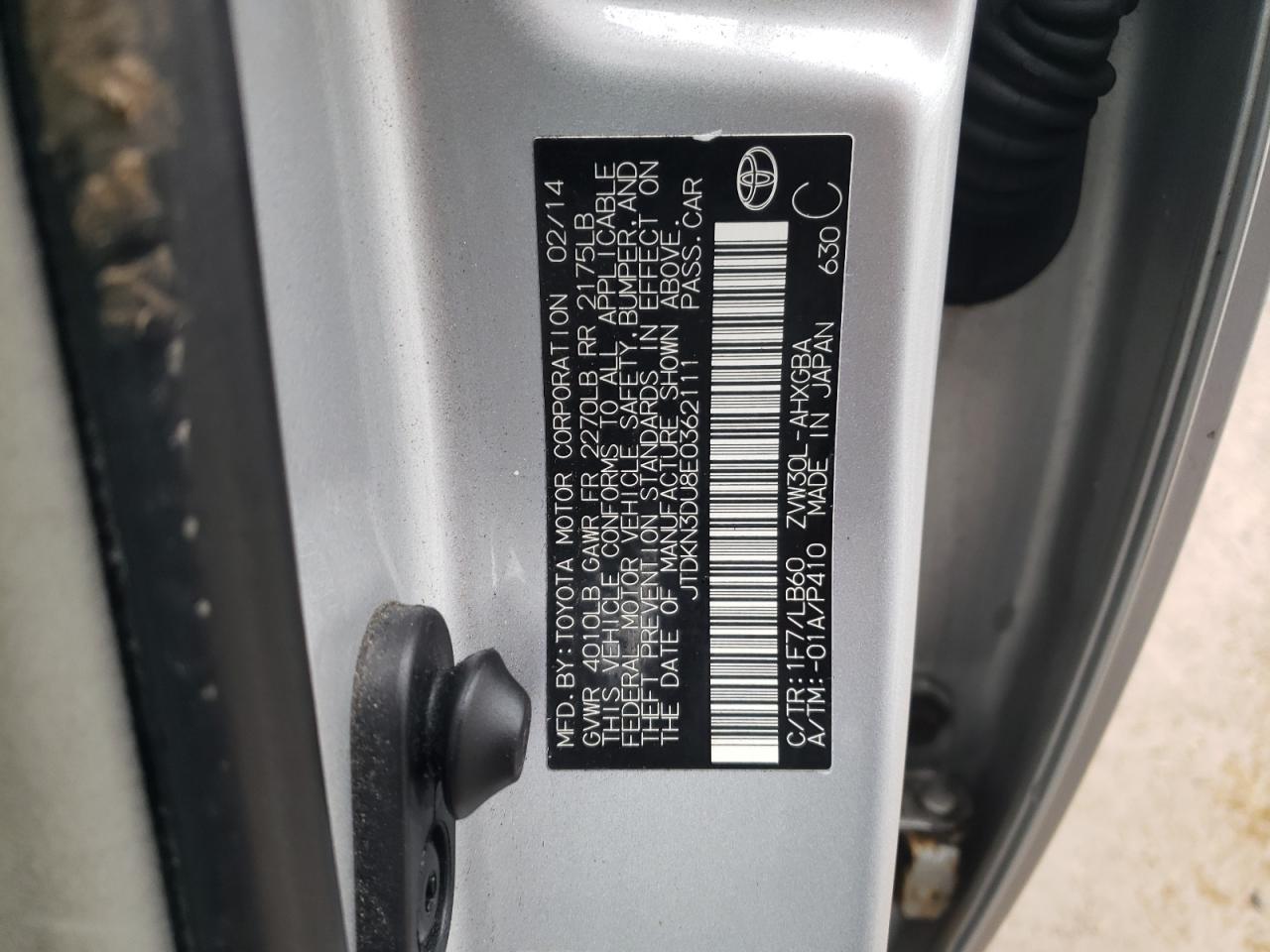 2014 Toyota Prius VIN JTDKN3DU8E0362111 Copart auction photo, front end / side damage thumbnail 13