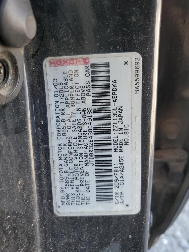 2003 Toyota Corolla VIN JTDBR32E430049182 Copart auction photo, all over damage thumbnail 12