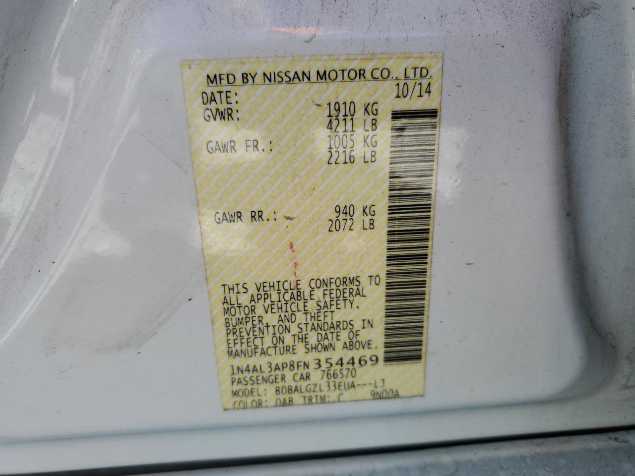 2015 Nissan Altima VIN 1N4AL3AP8FN354469 Copart auction photo, rear end damage thumbnail 15