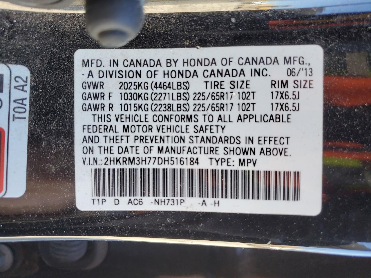 2013 Honda CR-V VIN 2HKRM3H77DH516184 Copart auction photo, rollover / minor dent/scratches damage thumbnail 14