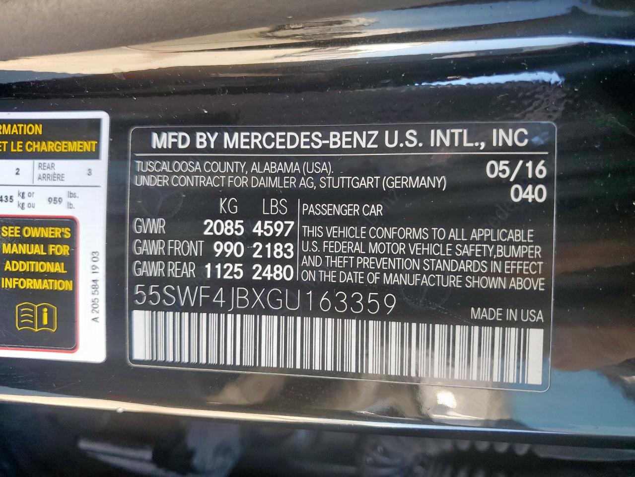 2016 Mercedes-Benz C-klasse VIN 55SWF4JBXGU163359 Copart auction photo, water/flood damage thumbnail 13