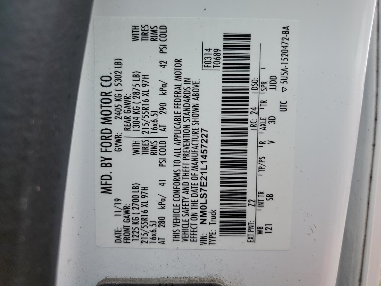 2020 Ford Transit VIN NM0LS7E21L1457227 Copart auction photo, water/flood damage thumbnail 14