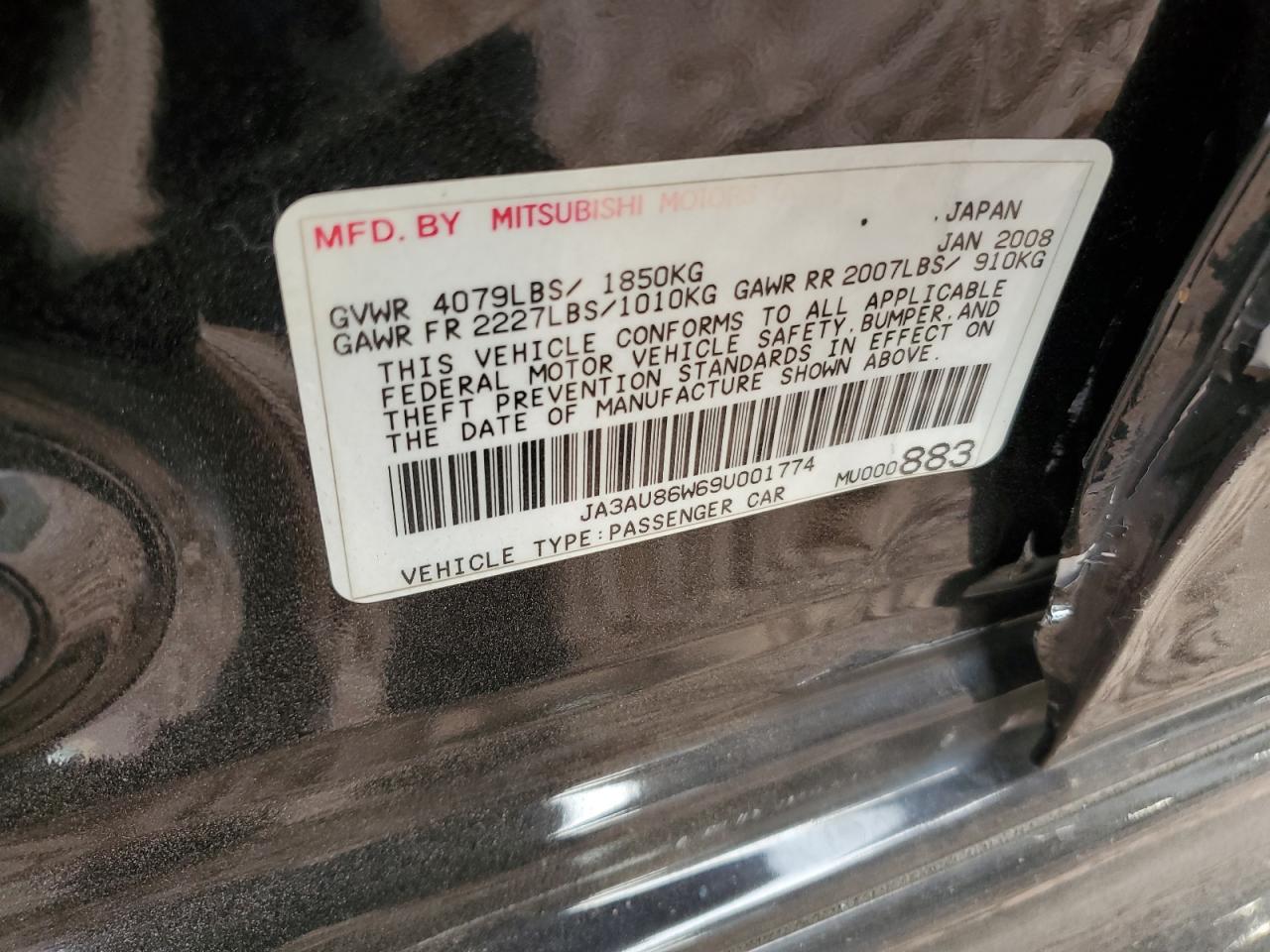 2009 Mitsubishi Lancer VIN JA3AU86W69U001774 Copart auction photo, rear end / side damage thumbnail 14