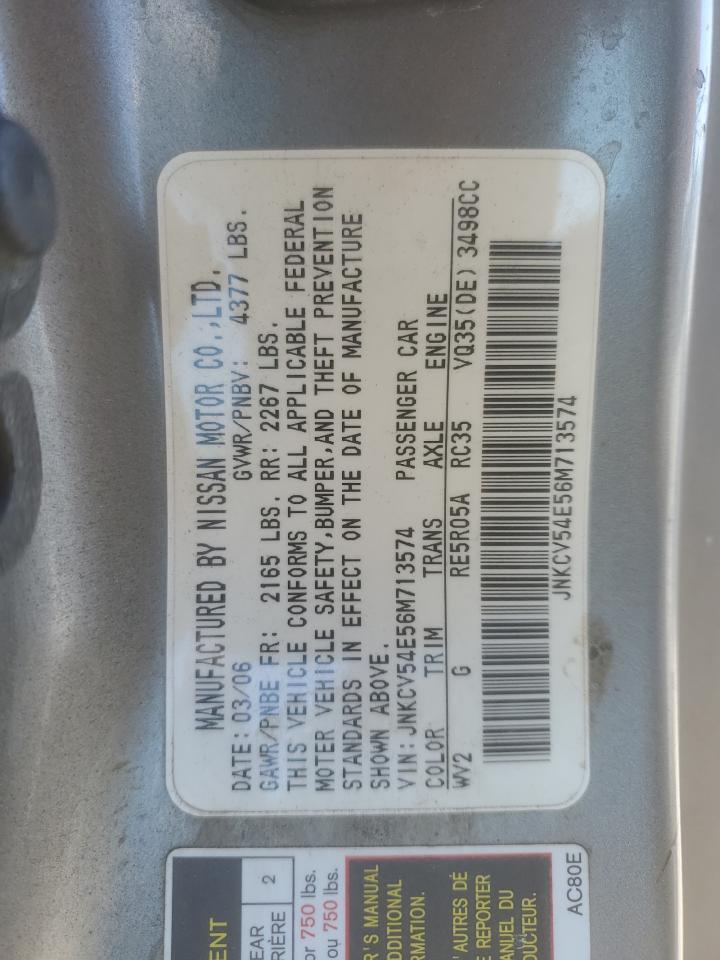 2006 Infiniti G VIN JNKCV54E56M713574 Copart auction photo, front end / side damage thumbnail 15