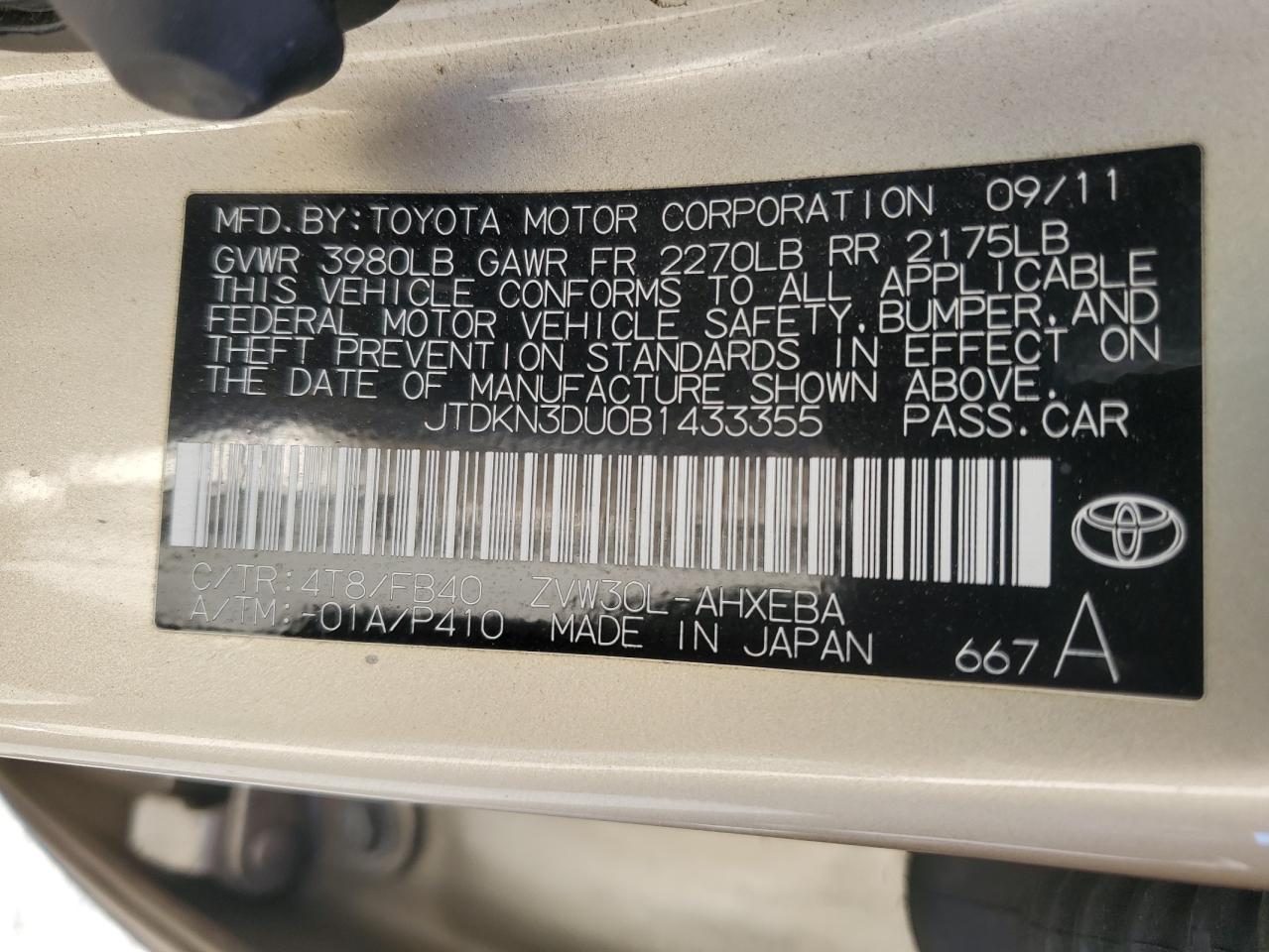 2011 Toyota Prius VIN JTDKN3DU0B1433355 Copart auction photo, vandalism / rear end damage thumbnail 12