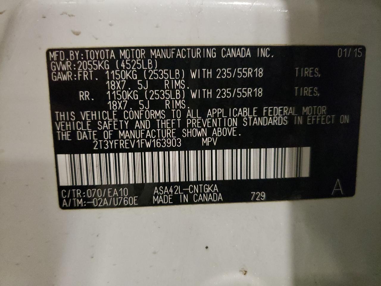 2015 Toyota RAV 4 VIN 2T3YFREV1FW163903 Copart auction photo, front end / rear end damage thumbnail 14