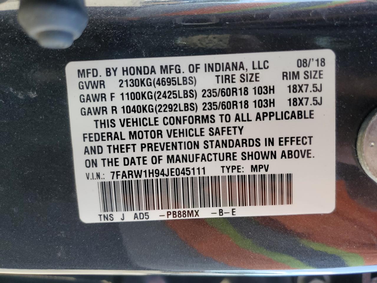 2018 Honda CR-V VIN 7FARW1H94JE045111 Copart auction photo, rear end / minor dent/scratches damage thumbnail 14