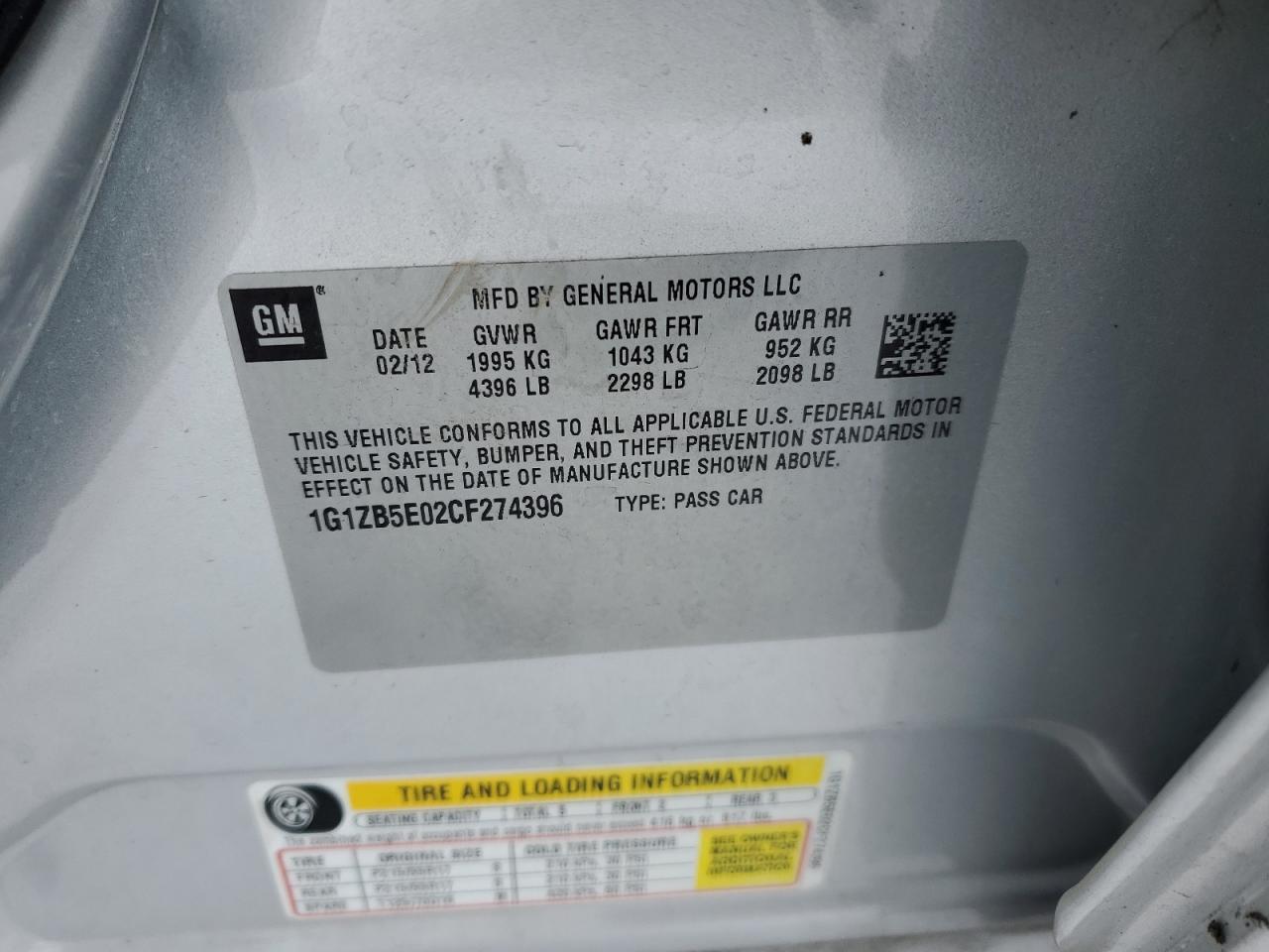2012 Chevrolet Malibu VIN 1G1ZB5E02CF274396 Copart auction photo, front end / side damage thumbnail 13