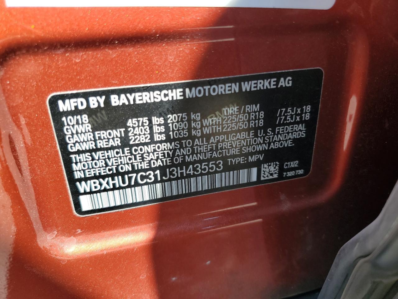 2018 BMW X1 VIN WBXHU7C31J3H43553 Copart auction photo, burn - engine damage thumbnail 13