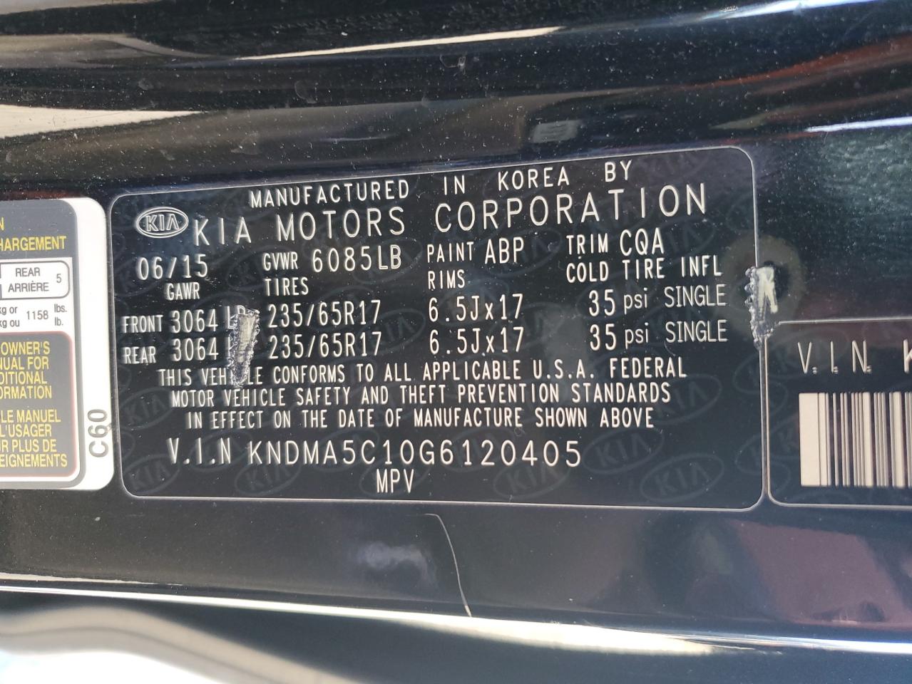 2016 KIA Sedona VIN KNDMA5C10G6120405 Copart auction photo, front end damage thumbnail 14