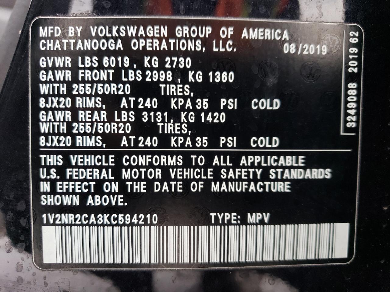 2019 Volkswagen Atlas VIN 1V2NR2CA3KC594210 Copart auction photo, front end / side damage thumbnail 15