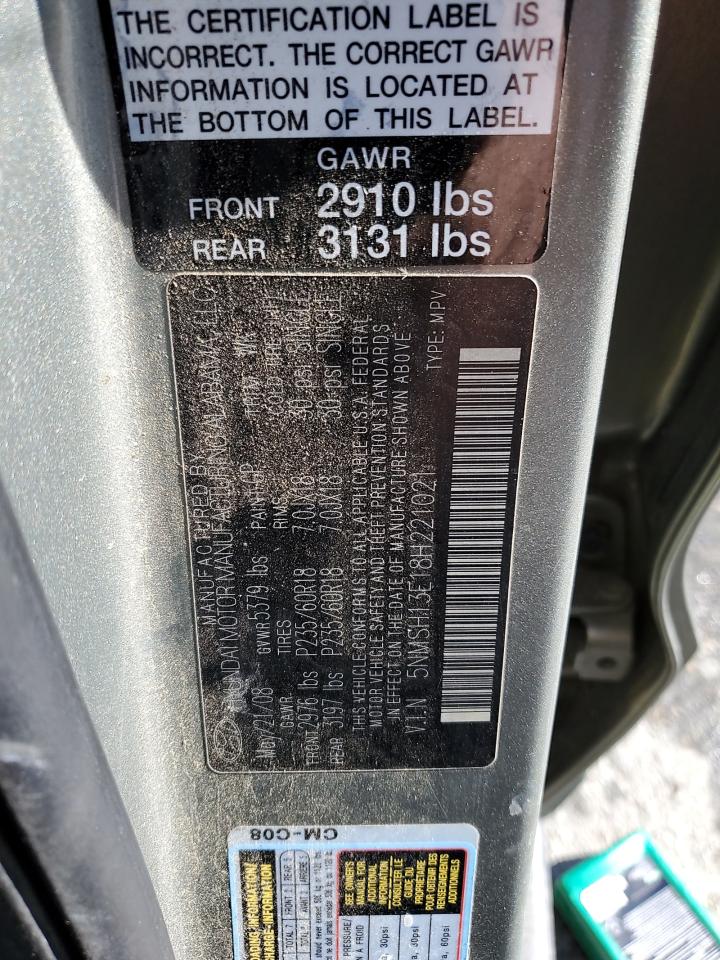 2008 Hyundai Santa Fe VIN 5NMSH13E18H221021 Copart auction photo, all over damage thumbnail 15