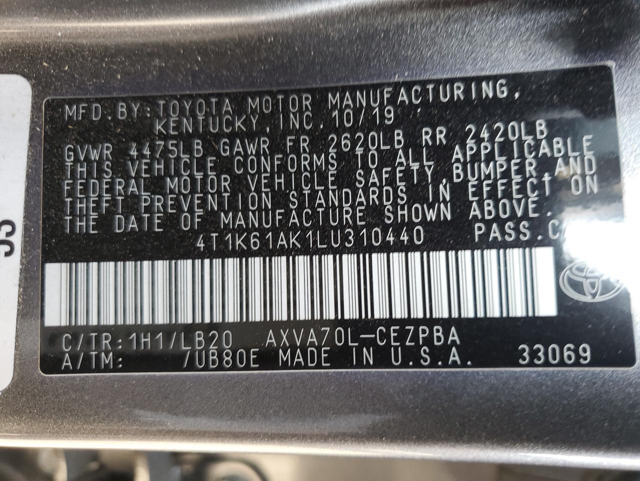 2020 Toyota Camry VIN 4T1K61AK1LU310440 Copart auction photo, side / front end damage thumbnail 12