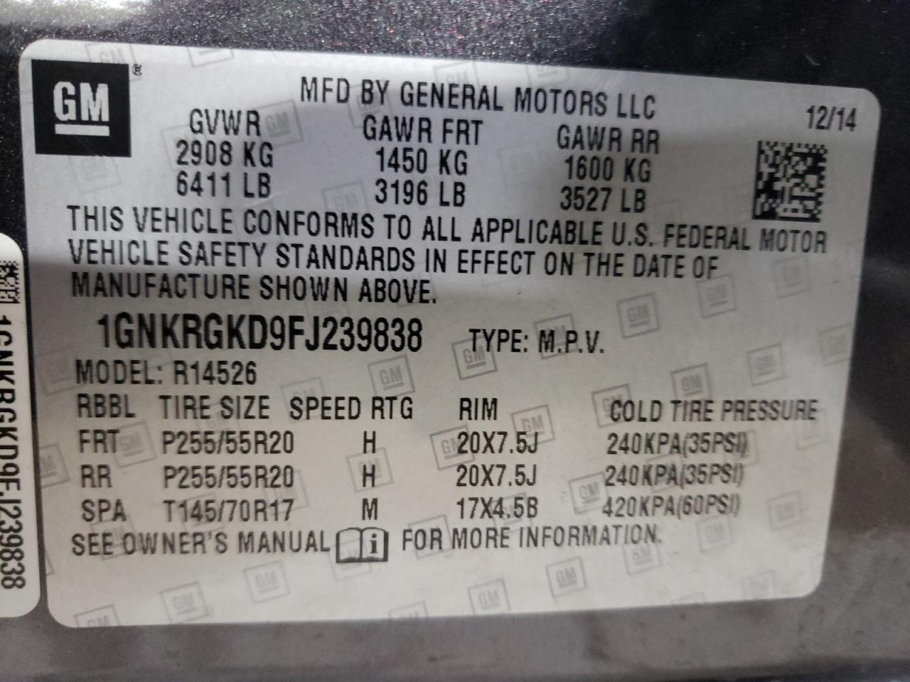2015 Chevrolet Traverse VIN 1GNKRGKD9FJ239838 Copart auction photo, side / front end damage thumbnail 13