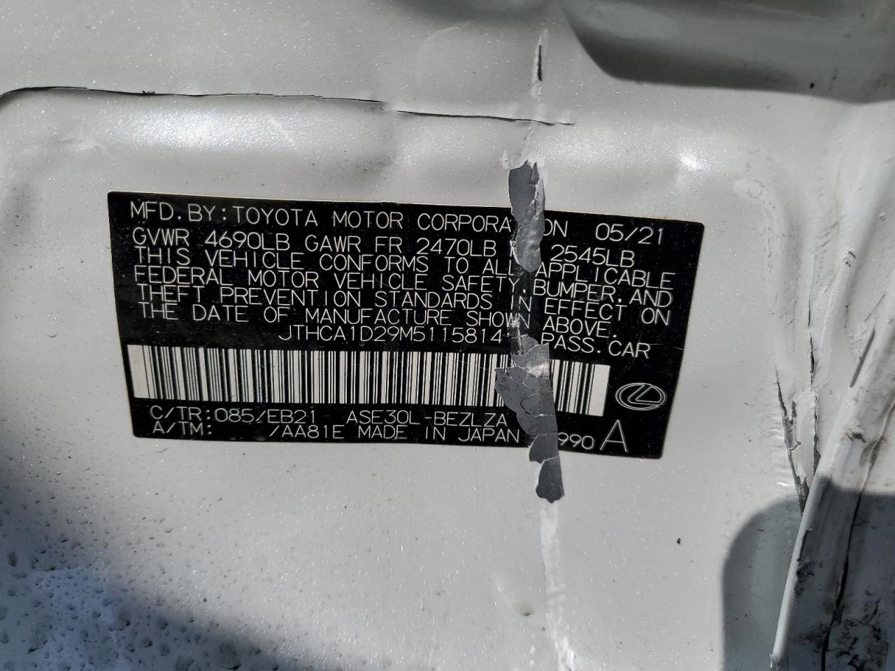 2021 Lexus IS VIN JTHCA1D29M5115814 Copart auction photo, side damage thumbnail 12