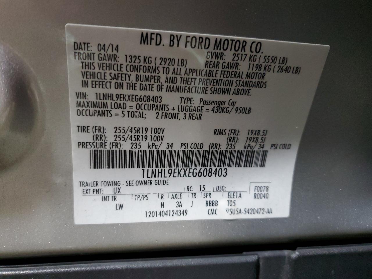 2014 Lincoln MKS VIN 1LNHL9EKXEG608403 Copart auction photo, side damage thumbnail 12