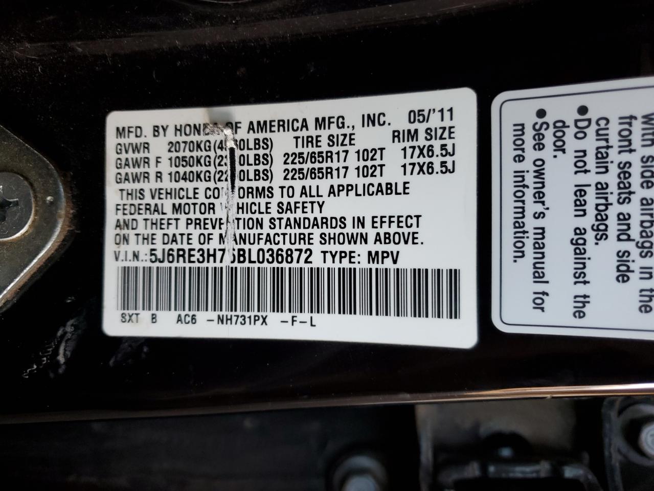 2011 Honda CR-V VIN 5J6RE3H75BL036872 Copart auction photo, front end / side damage thumbnail 14