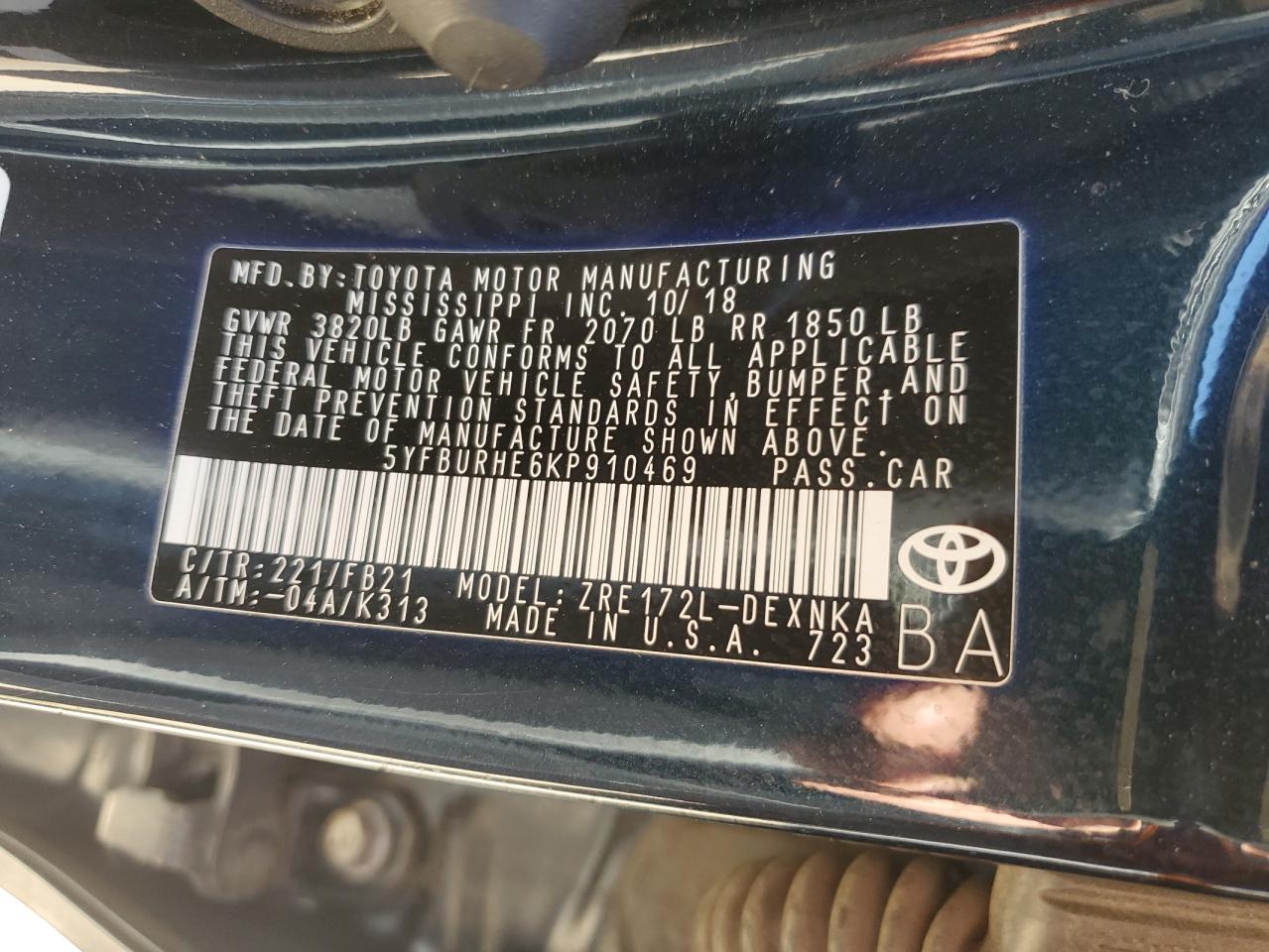 2019 Toyota Corolla VIN 5YFBURHE6KP910469 Copart auction photo, front end / rear end damage thumbnail 14